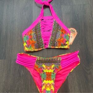 Bright Pink Multicolor Halter Bikini Set